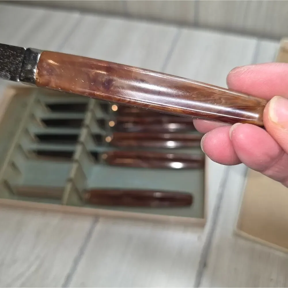 Vtg Regent Sheffield Steak Knives Stainless Blades Set Of 7 Brown Pearl Handles